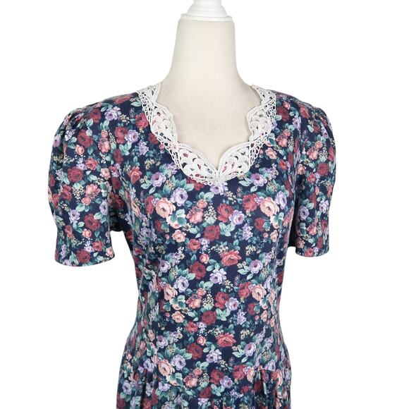 Vintage 80s Paquette Too! Navy Blue and Pink Floral Drop Waist Midi Dress M - Picture 2 of 6